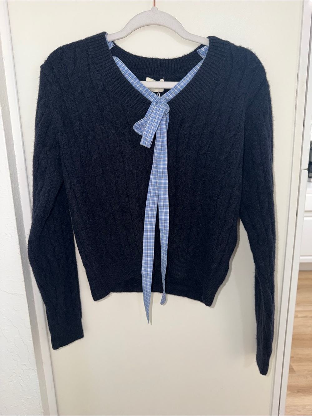 NWT June Studio Navy Fuzzy Sweater with Plaid Sewn in Collar Tie | M